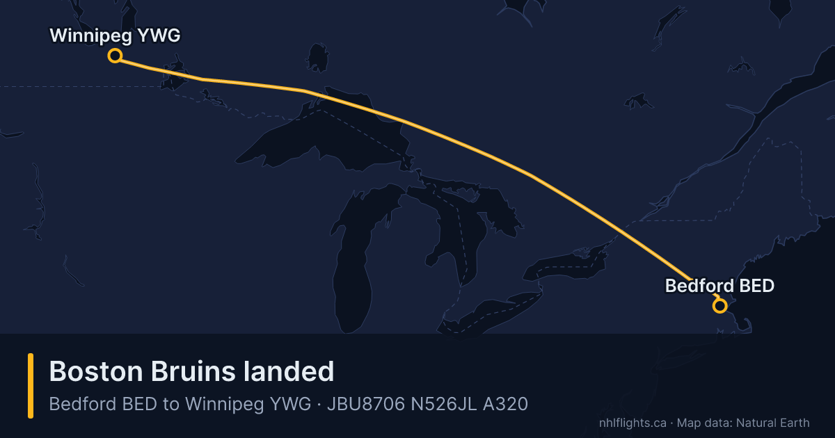 Route map: Bedford (BED) to Winnipeg (YWG)
