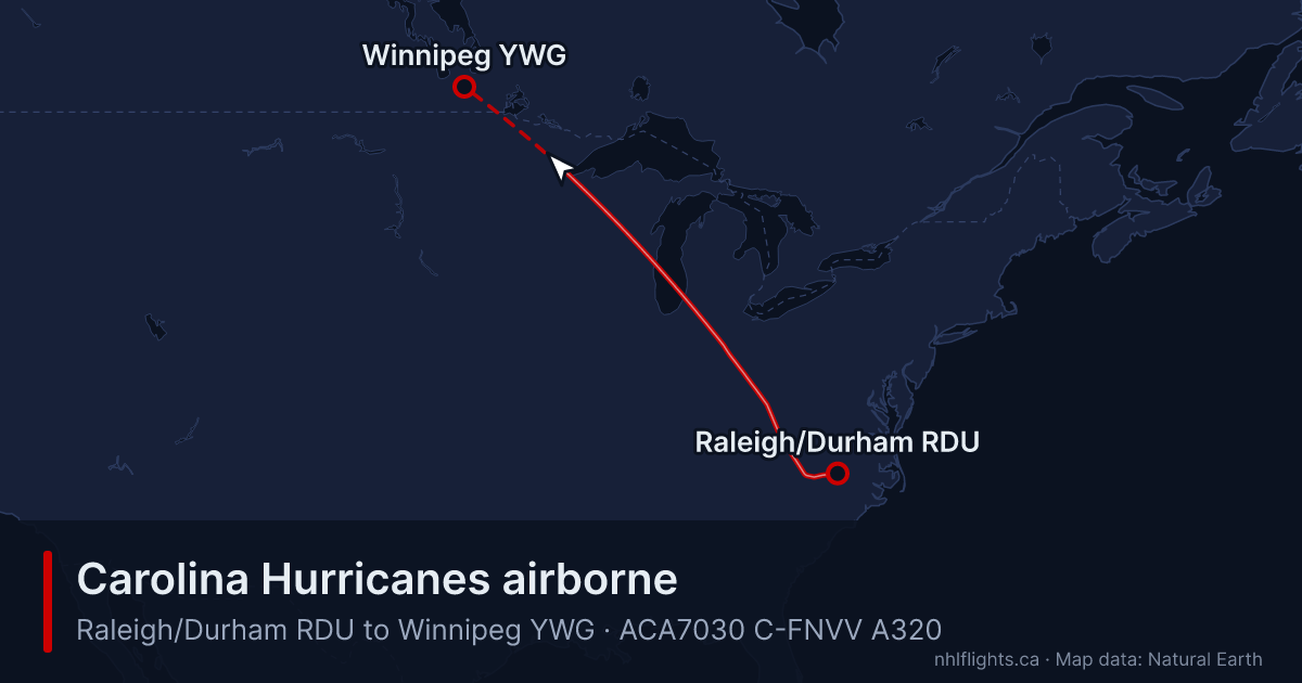 Route map: Raleigh/Durham (RDU) to Winnipeg (YWG)