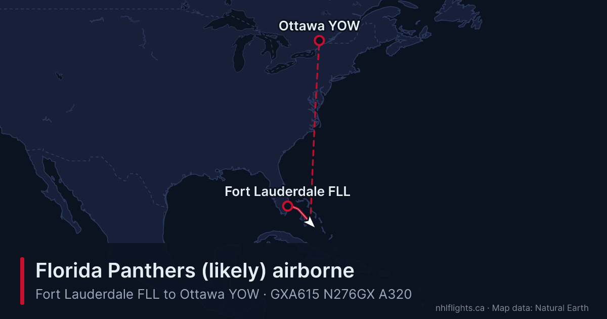 Route map: Fort Lauderdale (FLL) to Ottawa (YOW)