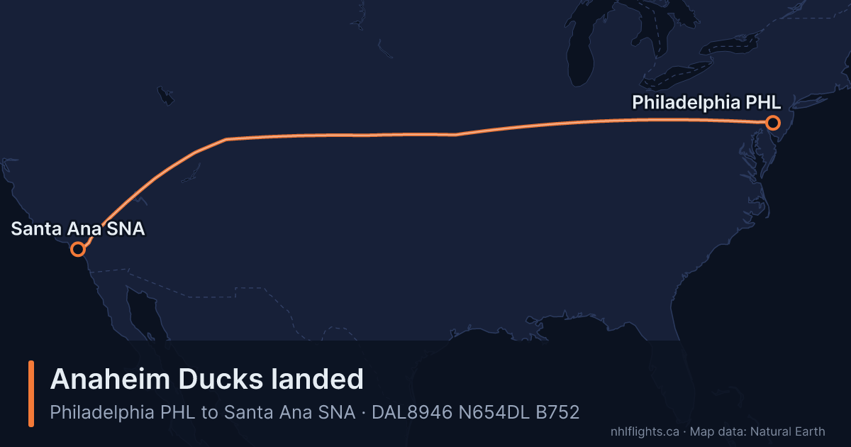 Route map: Philadelphia (PHL) to Santa Ana (SNA)
