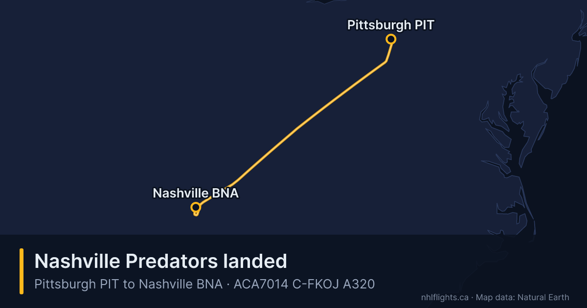 Route map: Pittsburgh (PIT) to Nashville (BNA)