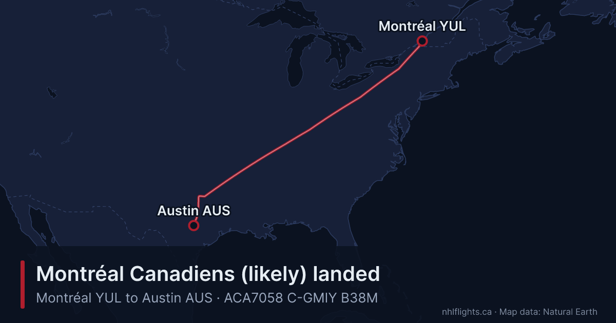 Route map: Montréal (YUL) to Austin (AUS)