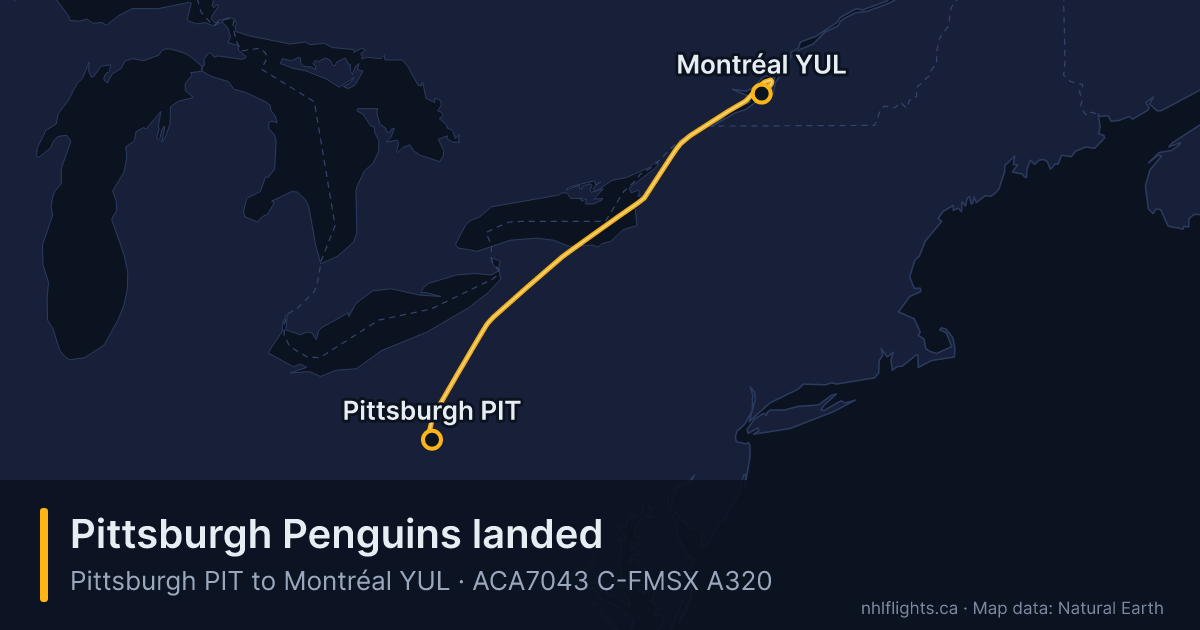 Route map: Pittsburgh (PIT) to Montréal (YUL)