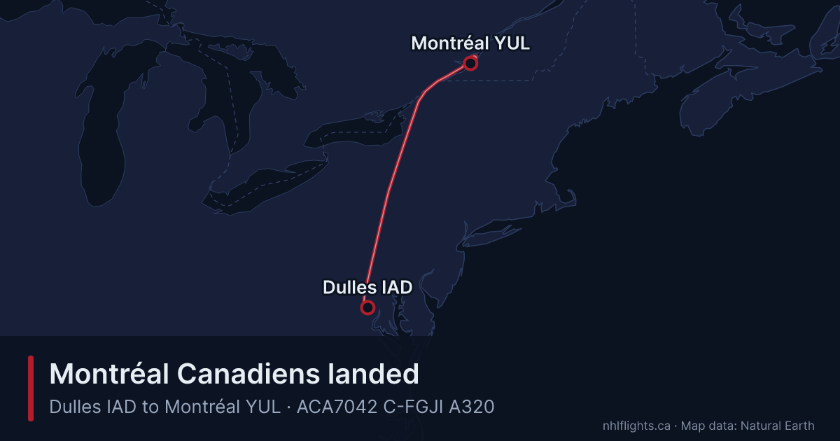 Route map: Dulles (IAD) to Montréal (YUL)