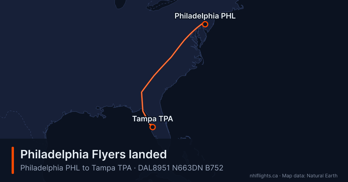 Route map: Philadelphia (PHL) to Tampa (TPA)